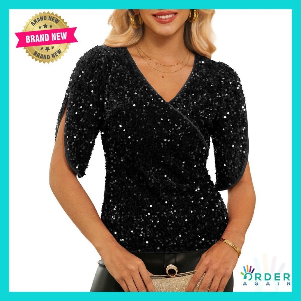 Sequin Velvet Blouse V Neck 3/4 Sleeve Ruched Party Top Chic Elegant